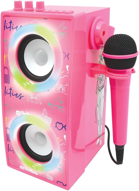 LEXIBOOK, Barbie, Portable Bluetooth Lighted Speaker with Microphone, karaoke, light effects, wireless, USB, SD card, rechargeable battery, pink, BTP180BBZ
