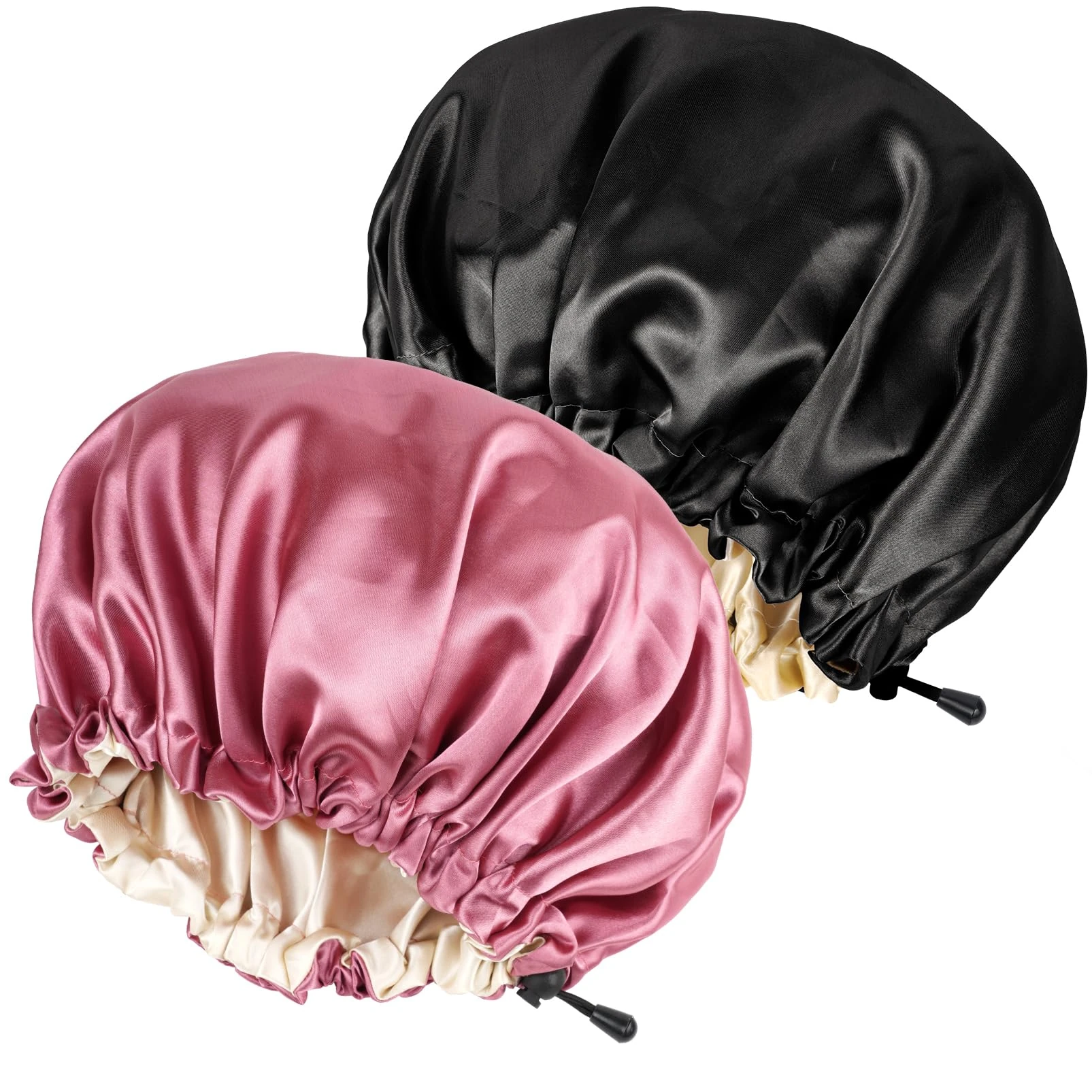 Ranphykx 2PCS Satin Sleep Cap,Adjustable Double-Sided Sleep Bonnet,Bonnet Cap for Sleep (1 Black+ 1 Hot Pink)