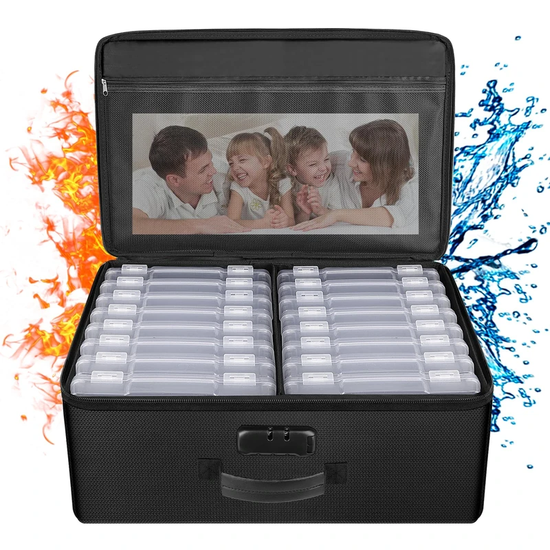 ENGPOW Fireproof Photo Storage Box 5" x 7" Photo Case(Clear),16 Inner Photo Keeper Organizer with Lock, Collapsible Portable Acid-Free Photo Storage Container with Handle for Picture, Valuables