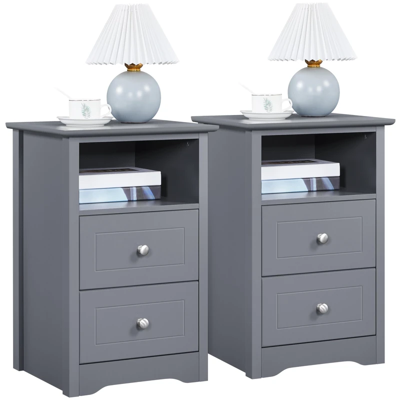 Yaheetech Bedside Tables Set of 2, Wooden Nightstand with 2 Storage Drawers, Open Compartment, Sturdy Modern Cabinet for Bedroom, Living Room, 35x40x60 cm, Grey - Image 1