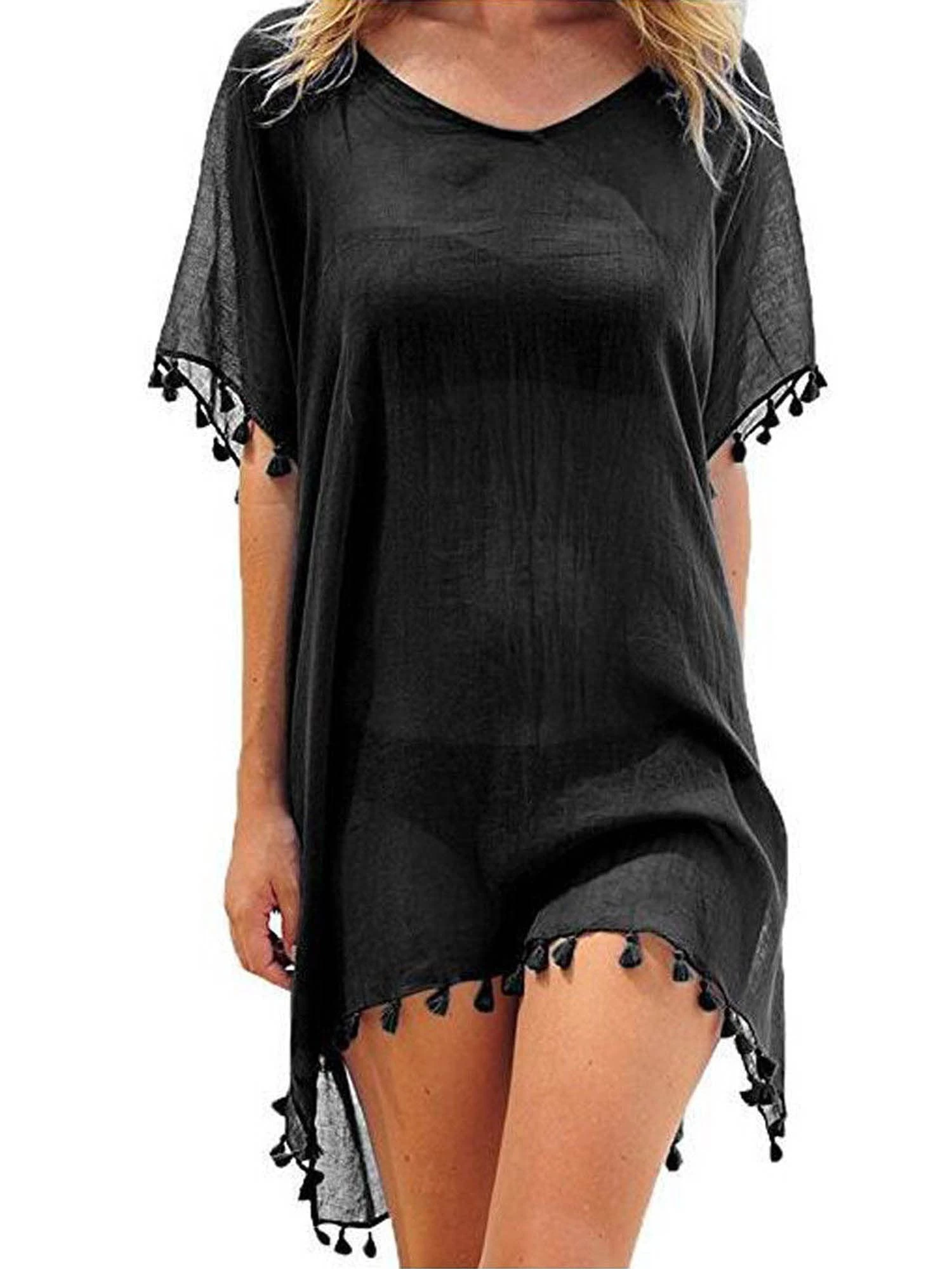 Edhomenn Women Chiffon Beachwear Tassel Bikini Cover Up Short Beach Dress Solid See-Through Swimsuit Summer Casual Swimwear (Black, One Size)