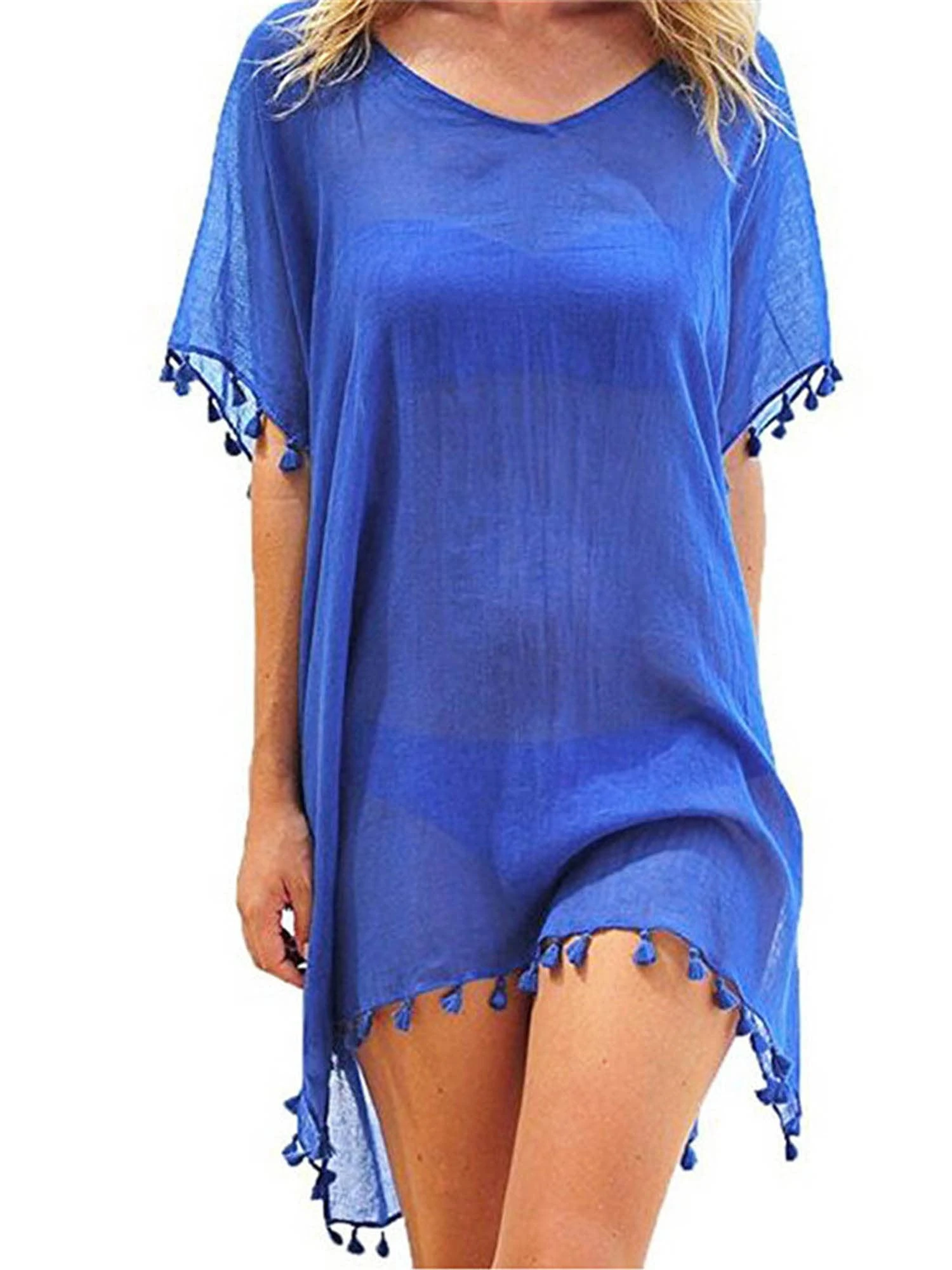 Edhomenn Women Chiffon Beachwear Tassel Bikini Cover Up Short Beach Dress Solid See-Through Swimsuit Summer Casual Swimwear (Blue, One Size)