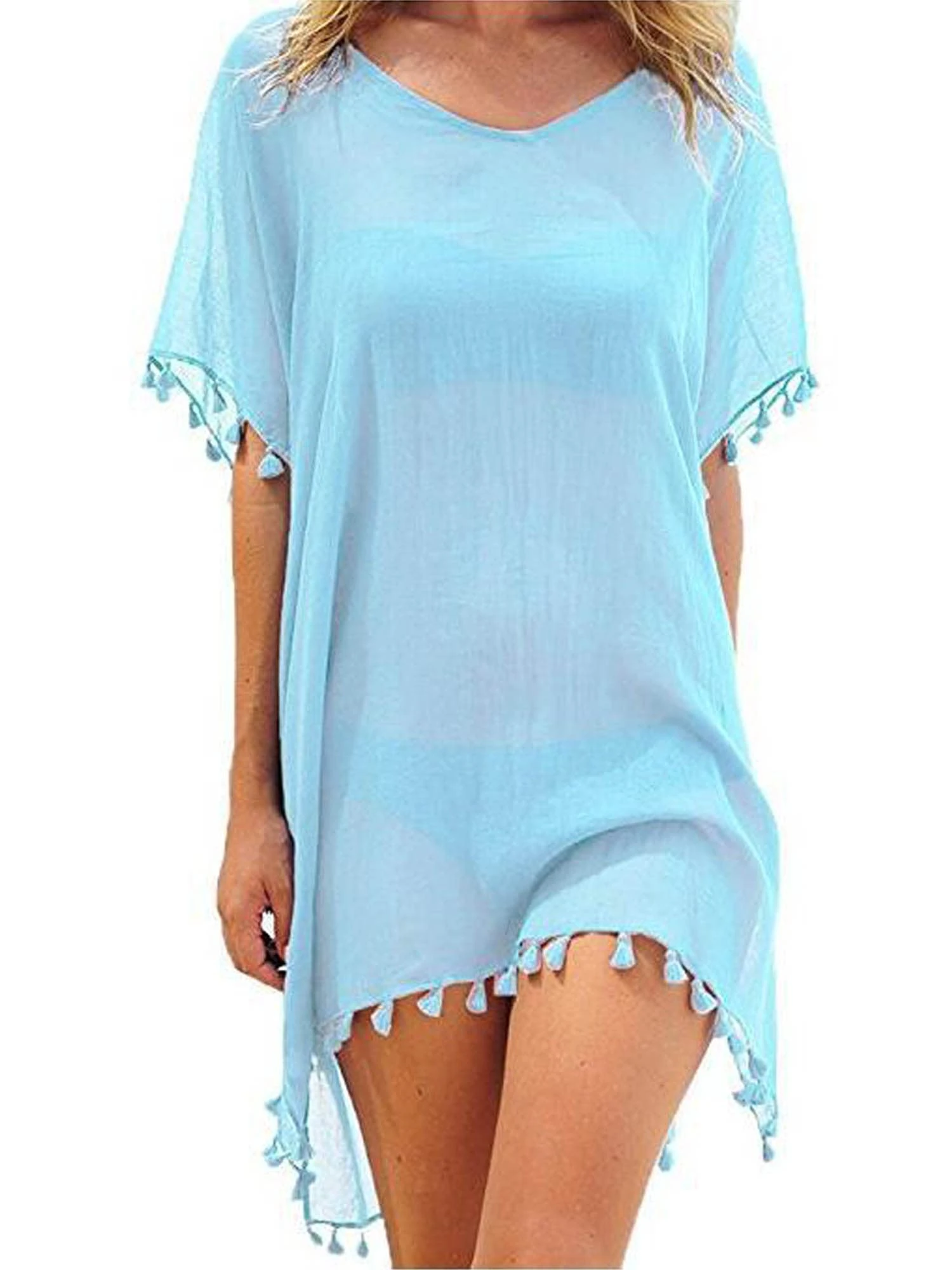 Edhomenn Women Chiffon Beachwear Tassel Bikini Cover Up Short Beach Dress Solid See-Through Swimsuit Summer Casual Swimwear (Light Blue, One Size)