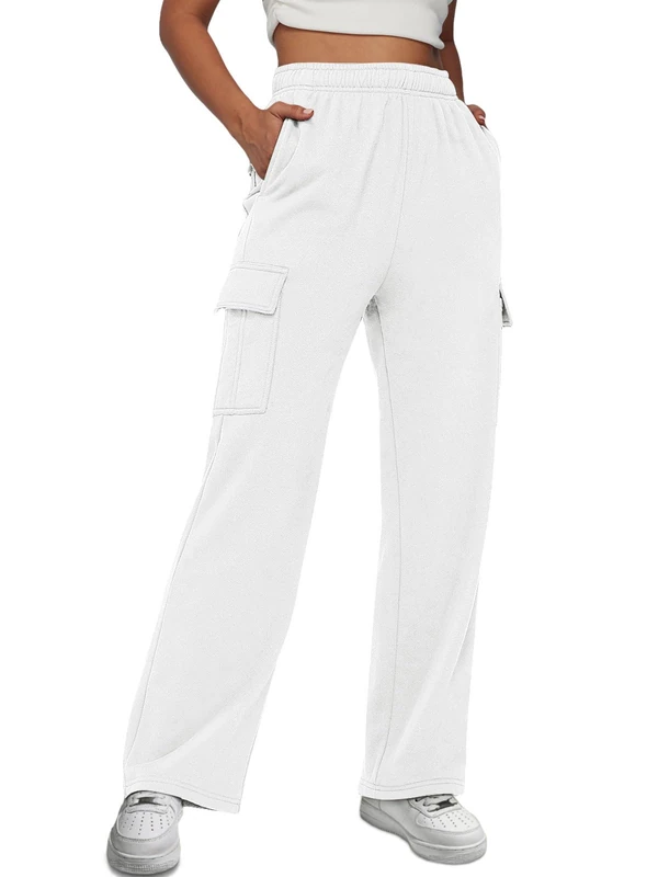 AUTOMET Womens Cargo Sweatpants Casual Baggy Fleece High Waisted Joggers Pants, White, S