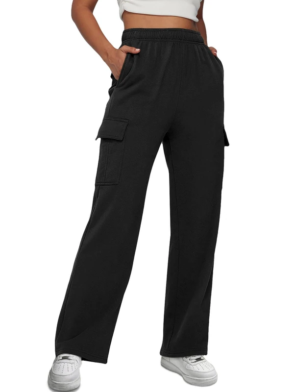 AUTOMET Womens Cargo Sweatpants Casual Baggy Fleece High Waisted Joggers Pants, Black, M