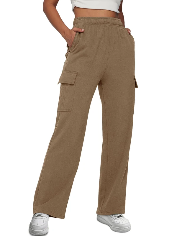 AUTOMET Womens Cargo Sweatpants Casual Baggy Fleece High Waisted Joggers Pants, Coffee, S - Image 1