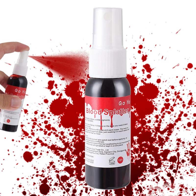 Go Ho Blood Splatter Fake Blood Washable(1.06 oz),Halloween Fake Blood Spray Eye Blood Drops Body Paint,Fake Blood for Clothes and Zombie Monster Vampire Clown Costume Cosplay Makeup,30g
