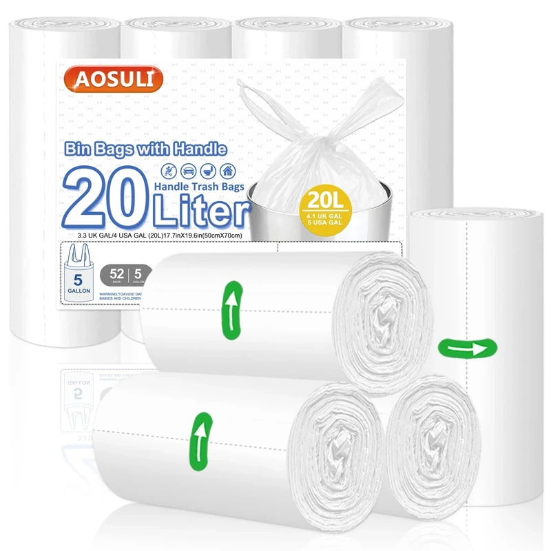 AOSULI Bin Bags 20Liter with Tie Handles,Heavy Duty Bin Liners White and Transparent Trash/Garbage Bags 52 Count Rubbish Bags