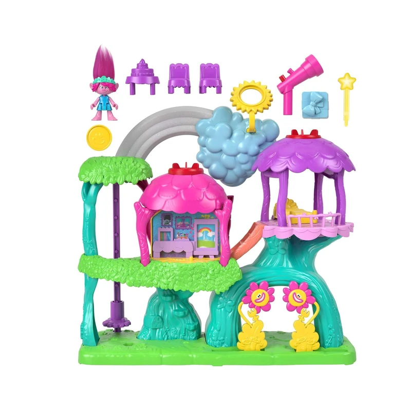 Imaginext DreamWorks Trolls Musical Toy Playset, Lights & Sounds Rainbow Treehouse with Poppy Figure & 7 Play Pieces for Preschool Kids, HML49
