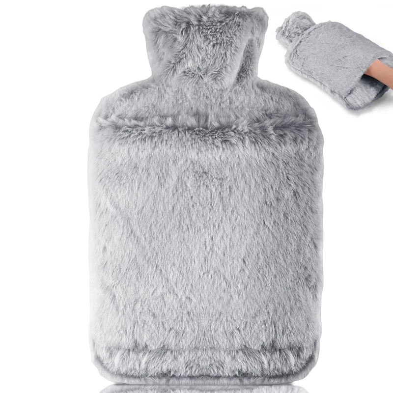 BOLEi Hot Water Bottle with Luxury Cosy Faux Fur Cover,2L Leakproof Large Hot Water Bag for Neck,Shoulder,Hand Feet Warmer,Gifts for Women,Men(Grey)
