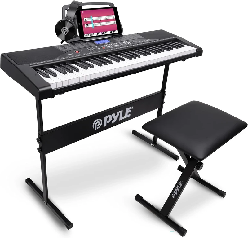 Pyle 61 Keys Electric Keyboard Piano, Kids Music Digital Piano Keyboard with Stand for Beginners, Adult Electronic Keyboards Set, Portable Musical Karaoke Instrument w/ Stand & Headphones