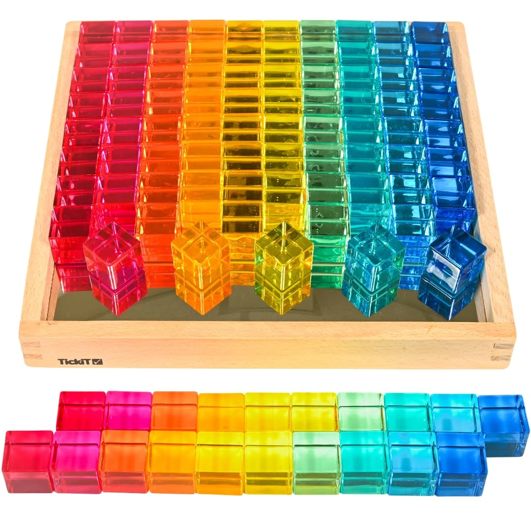 tickit Gem Cube Mirror Tray – Wooden Sensory Sorting Tray with 100 Acrylic Rainbow Cubes for Colour Mixing, Stacking, Counting and Creative STEM Play