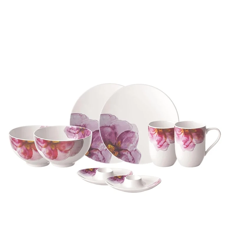 Villeroy & Boch – Rose Garden Porcelain Tableware Set, 8 pces., Modern Floral Pattern, Breakfast Service for 2 People
