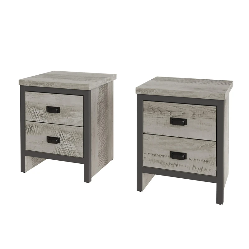 GFW Boston Pair Bedside Cabinets 2 Drawers Storage Shelf Side Cabinet End Table Grey