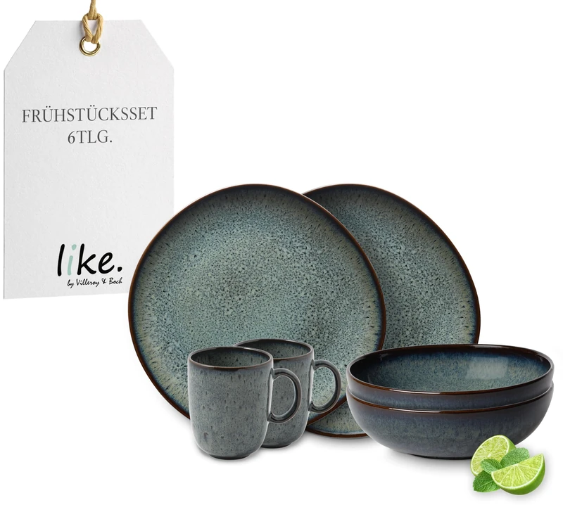like. by Villeroy & Boch - Lave earthenware tableware set, 6 pces., pottery look, breakfast service for 2 people, grey