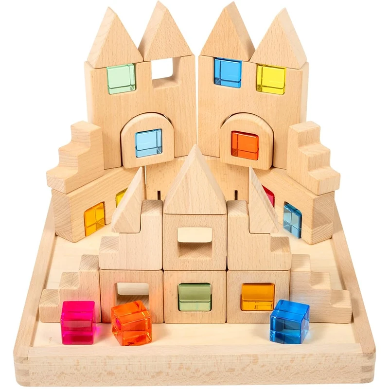 tickit Wooden Building Gem Blocks – Set of 25 Beechwood Cubes with Colourful Acrylic Gem Inserts, Stacking, Balancing & Small World Play, Ideal for Children Aged 3+
