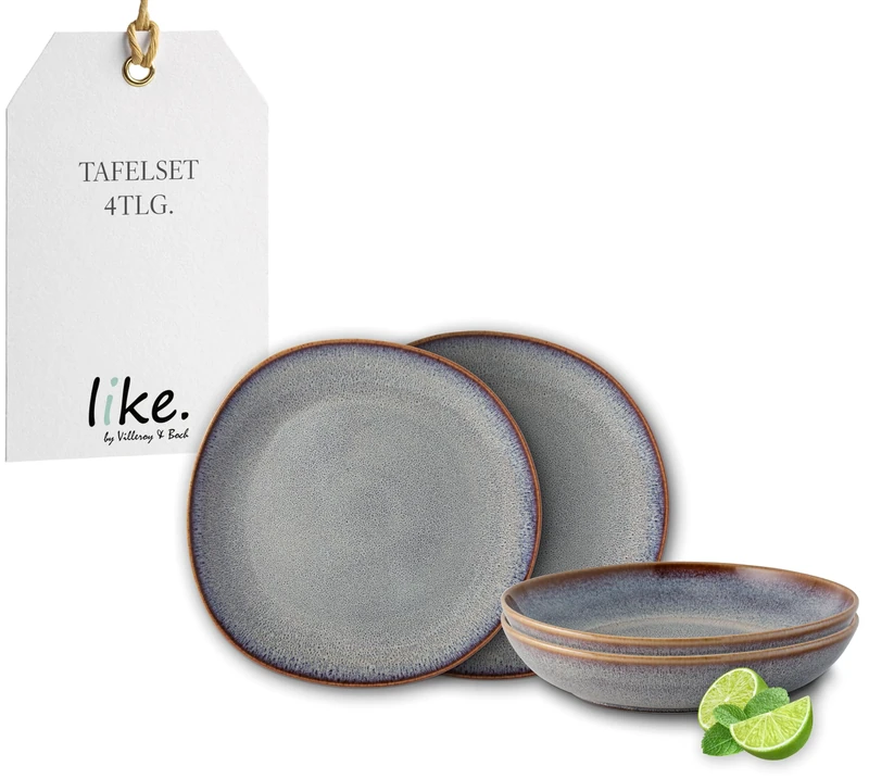 like. by Villeroy & Boch - Lave earthenware tableware set, 4 pces., pottery look, dinnerware for 2 people, beige