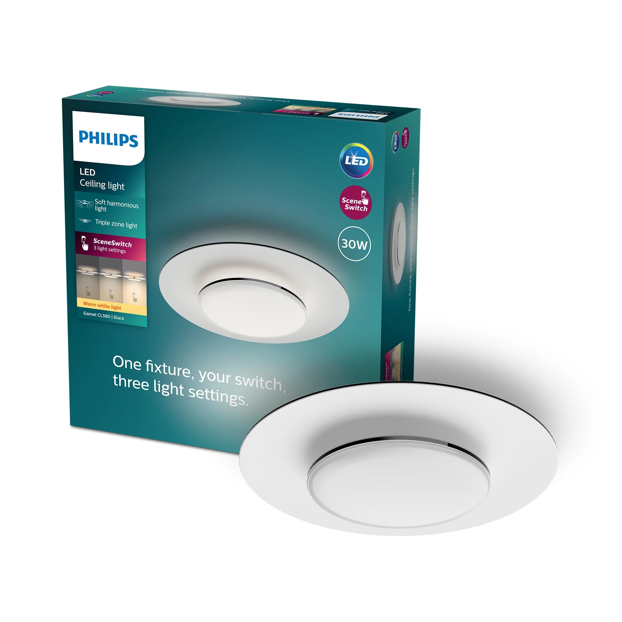 PHILIPS LED Sceneswitch Garnet CL580 30W LED Ceiling Light Fixture Warm White 2700k [30W - IP20 - Black] for Indoor Home Lighting, Living Room, Study, Office
