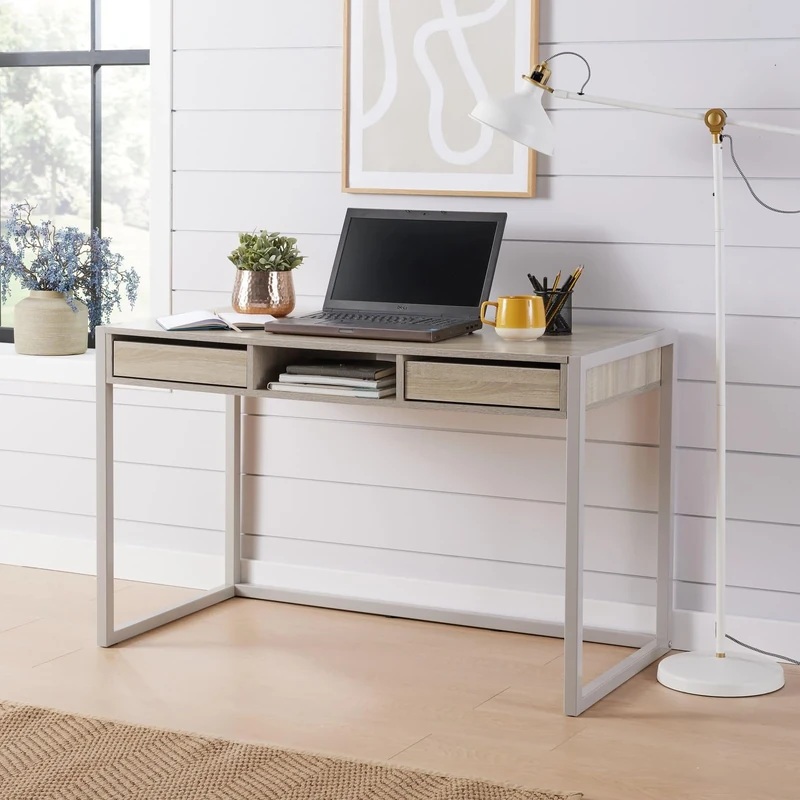 Home Source Toronto Office Desk Workstation 2 Drawer Shelf Storage PC Computer Desk Grey Metal Legs, Sonoma Oak Effect