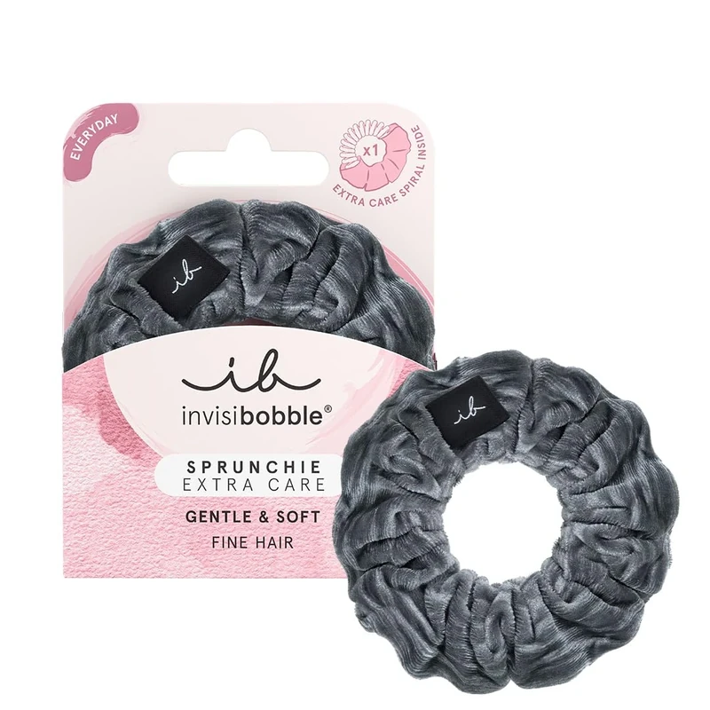 Invisibobble Extra Soft Grey Scrunchie x1 - Fabric Scrunchie with Spiral Hair Band Inside - Strong Hold, No Marks, Gentle on Hair - Women & Men Comfortable