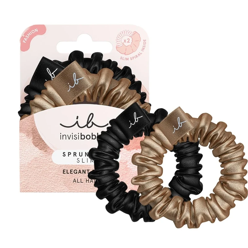 invisibobble Sprunchie Slim Black Gold I 2 x Fabric Hair Bobbles Gold Black for Girls and Women I No Tangles Strong Hold Hair Gentle Scrunchie Hair Scrunchie Designed in the Heart of Munich