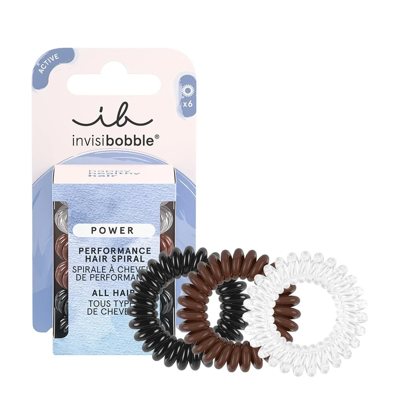 invisibobble Power 6 x Hair Bobbles Spiral Transparent Black Brown Hair Bobbles Set Women & Men No Pull Spiral Hair Scrunchies Strong Hold Pack of 6