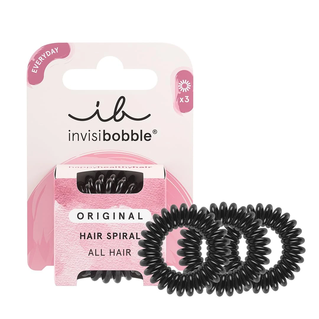 invisibobble Original Hair Scrunchie True Black I 3 x Spiral Hair Bobbles Black for Girls, Women and Men I Strong Hold & Gentle on Hair I The Original, Designed in the Heart of Munich