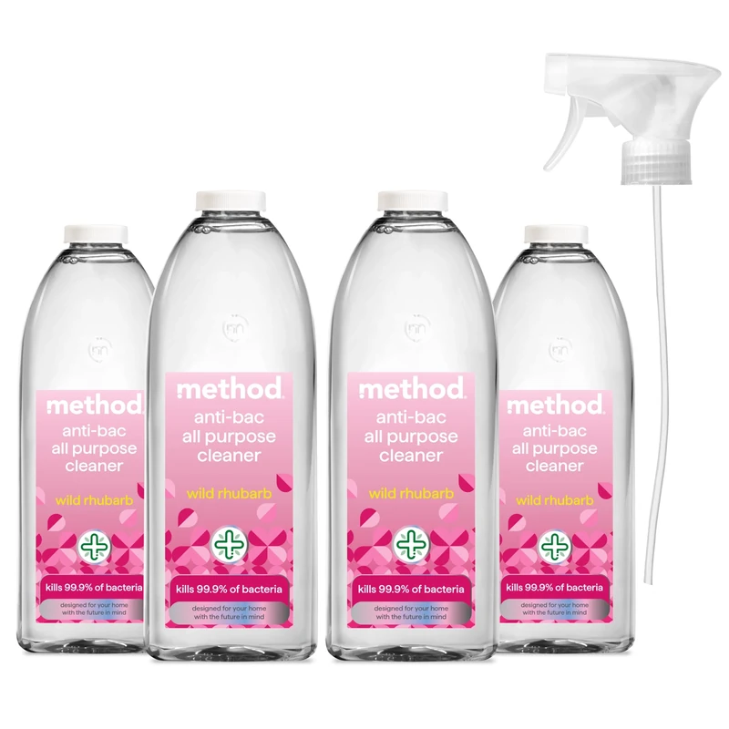 Method Antibacterial All Purpose Spray, Powerful Formula Kills 99.9% of Bacteria, Wild Rhubarb, Pack of 4, 828ml