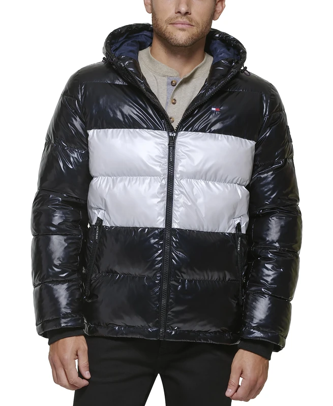 Tommy Hilfiger Men's Hooded Puffer Jacket (Standard and Big & Tall) Down Alternative Coat, Black/White Pearlized, XL