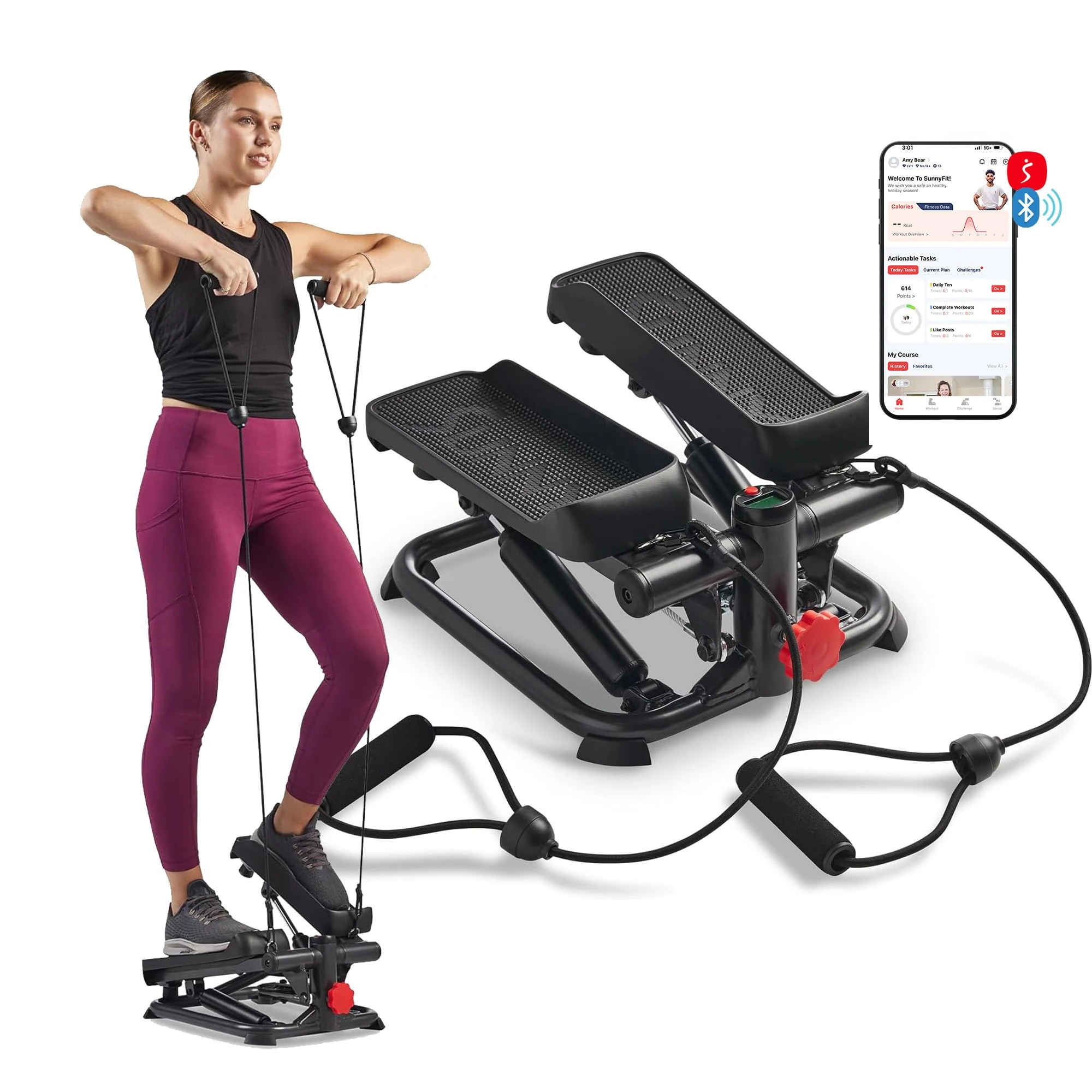 Sunny Health and Fitness Total Body Smart 2-in-1 Stepper Machine, Total Body Workout, Adjustable Hydraulic, LCD Monitor, Resistance Bands, Non-Slip Pedals - SF-S0978SMART