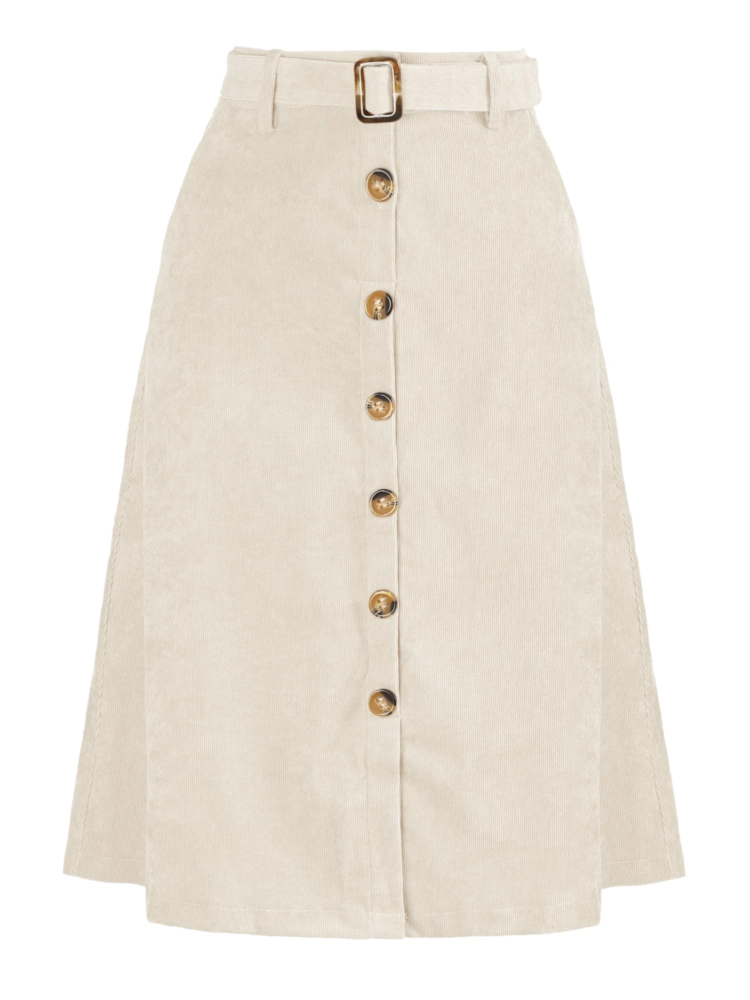 Allegra K Women's High Waist Midi Skirts A-Line Button Front Belted Corduroy Skirt Cream S