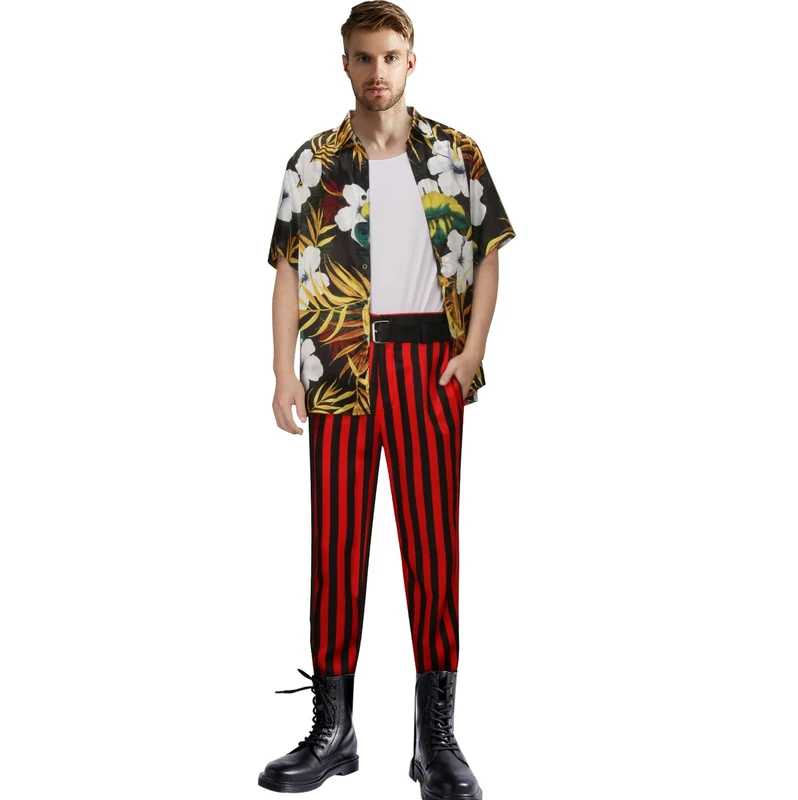 FOGHORN Ace Ventura Costume Pet Detective Classic Movie Shirt Vest Striped Pants Belt Full Set Halloween Cosplay Outfit for Adult Men (M)