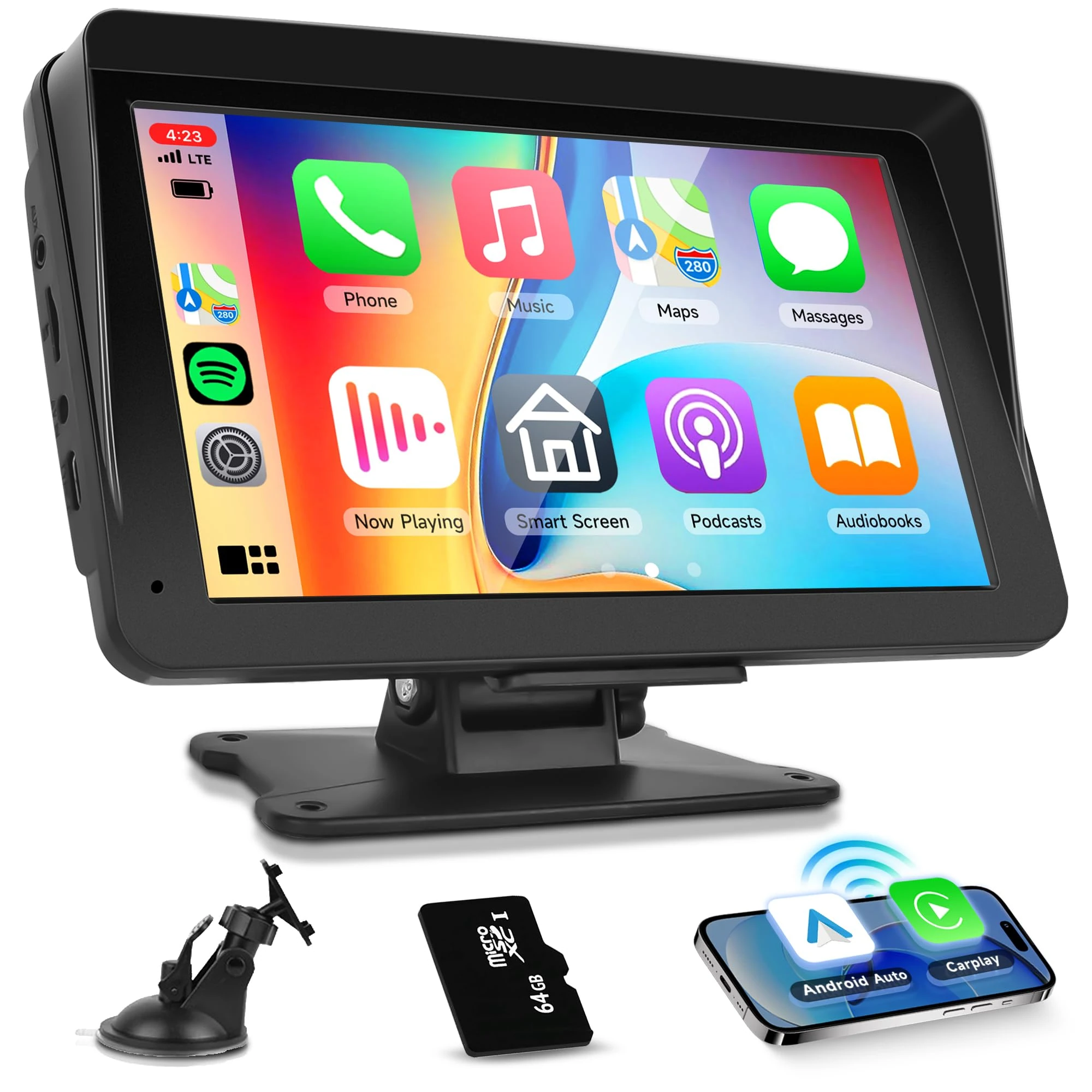 Rimoody Portable Car Stereo Wireless CarPlay Screen Android Auto Bluetooth with 7 Inch Touchscreen Portable Car Radio with FM Transmitter Voice Control 64G TF Card for Cars Trucks