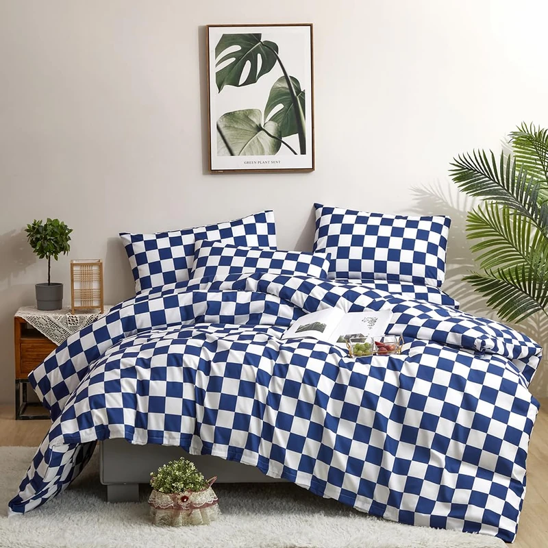CLOTHKNOW Blue White Plaid Queen Comforter Set Grid Bedding Comforter Sets Checkerboard Pattern Soft All Season