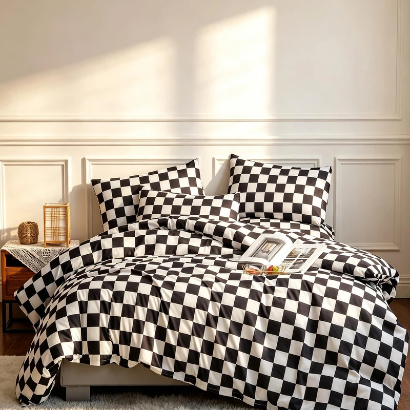 CLOTHKNOW Black White Plaid King Size Comforter Set 3Pcs Grid Bedding Comforter Sets Soft Checkered Comforter Black White Comforter with 2 x Pillow Cases