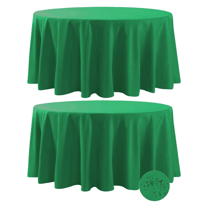 Fokitut 2 Pack Waterproof Round Tablecloth, 132 Inch, Stain Resistant and Wrinkle Polyester Table Cloth, Fabric Table Cover for Kitchen Dining, Wedding, Party, Holiday Dinner-Emerald