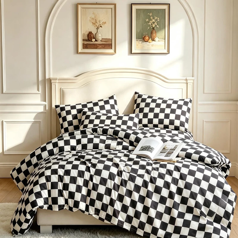CLOTHKNOW Black White Plaid Comforter Set Full Size Checkered Bedding Sets