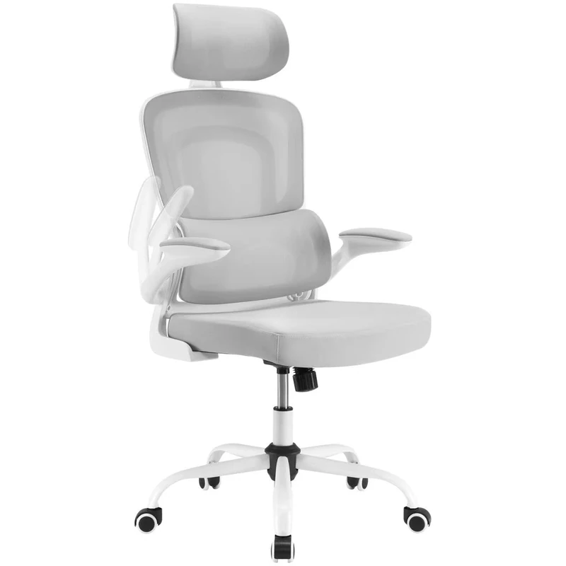 Farini Office Desk Chair with Flip-Up Armrest High Back Ergonomic Computer Chair with Adjustable Headrest and Lumbar Support Executive Swivel Chair for Home and Office,White and Gray