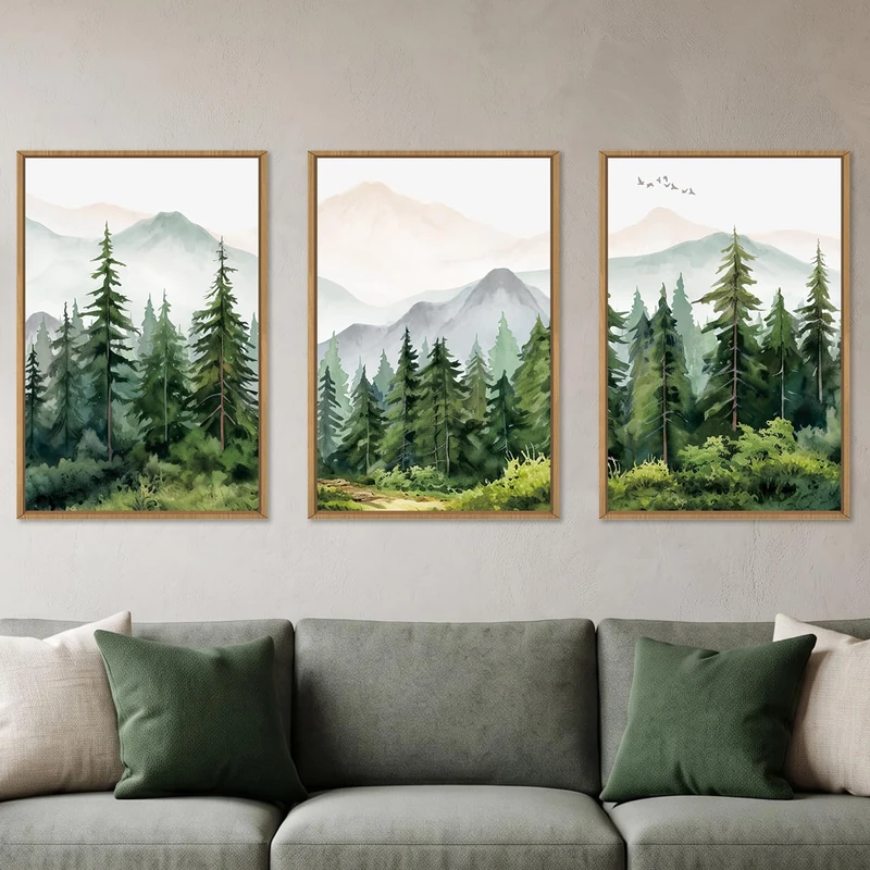 Ausril Watercolor Mountain Range Framed Canvas Wall Art Set, Green Forest Tree Wall Decor, Woodland Nursery Wall Painting, Modern Wilderness Art Print for Living Room, Bedroom, Office-16 x24 x3
