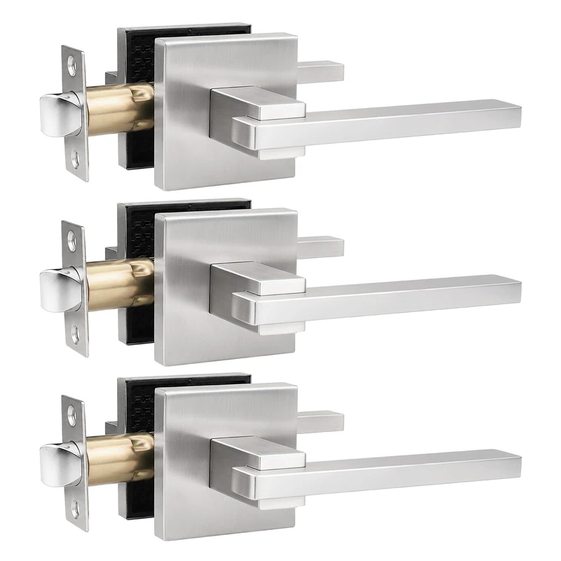 Orger 3 Pack Interior Passage Door Lock Satin Nickel Hallway/Closet Door Lever, Keyless Door Lever Handle with Square Rosette, Modern Nickel Non-Locking Interior Door Lever