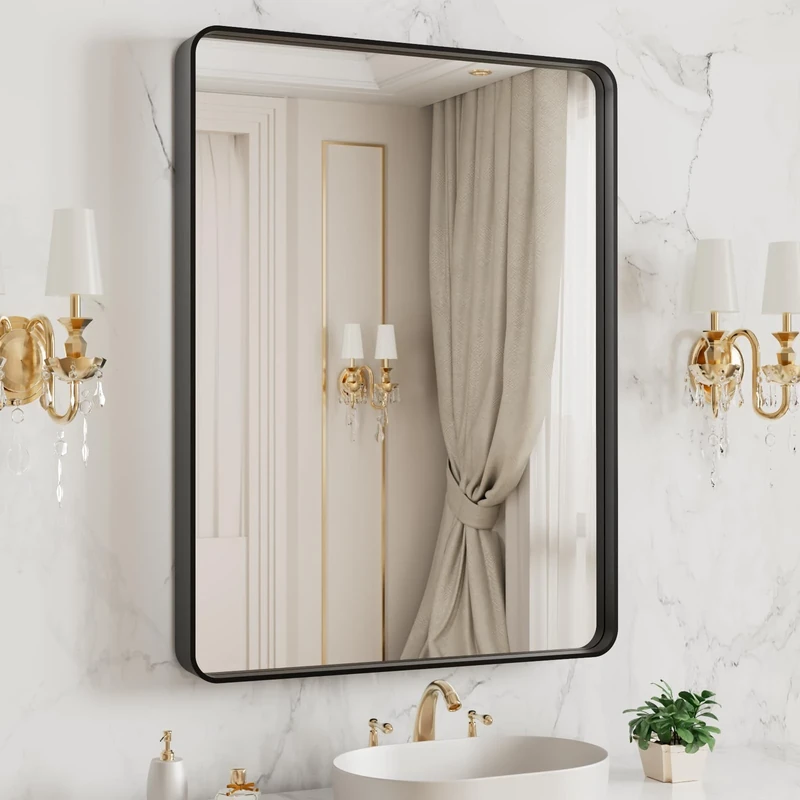 LOAAO 20X16 Inch Black Metal Framed Bathroom Mirror for Wall, Matte Black Bathroom Vanity Mirror Farmhouse, Large Rounded Rectangle Mirror, Anti-Rust, Tempered Glass, Hangs Horizontally or Vertically