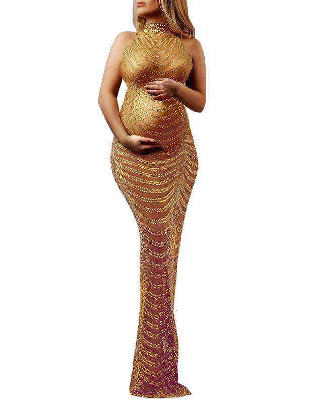 Dedysler Maternity Photography Gown Sleeveless Sexy Shiny Rhinestone Photoshoot Dress for Baby Shower, Camel(Gold Rhinestone), L