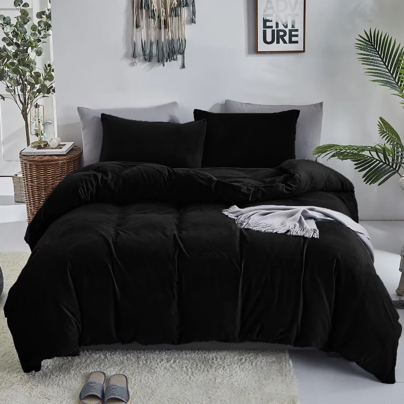 Luxlovery Velvet Plush Fluffy Flannel Bedding - Dark Black Minimalist Bedding - Solid Pale Black Blanket Quilts - Modern Heavyweight Winter Warm Comforter Set