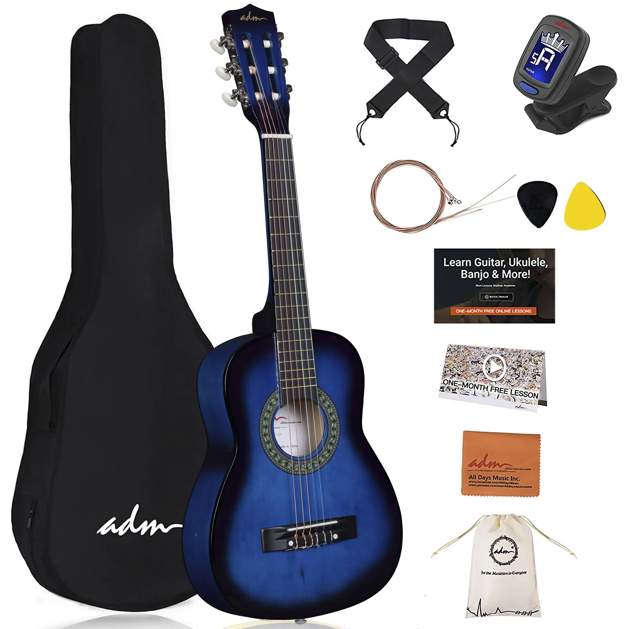 ADM 1/4 Kids Classical Guitar Kit, Junior Guitar Set for Beginnner with Gig Bag, Clip on Tuner, Strap, Picks, Extra Strings, Storage Bag and Cleaning Cloth (Blue, 30")