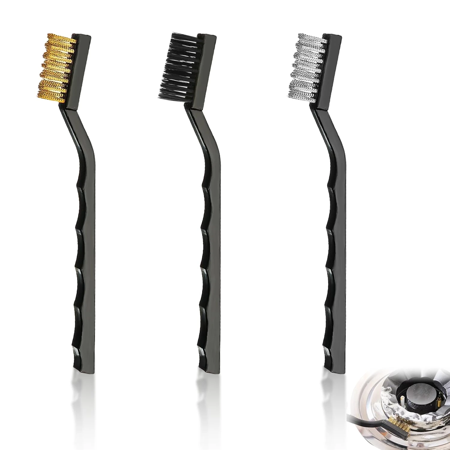 3 Pcs Mini Wire Brush Set - Stainless Steel + Brass + Nylon, Kitchen Cleaning Tools for Welding Slag, Stain and Rust