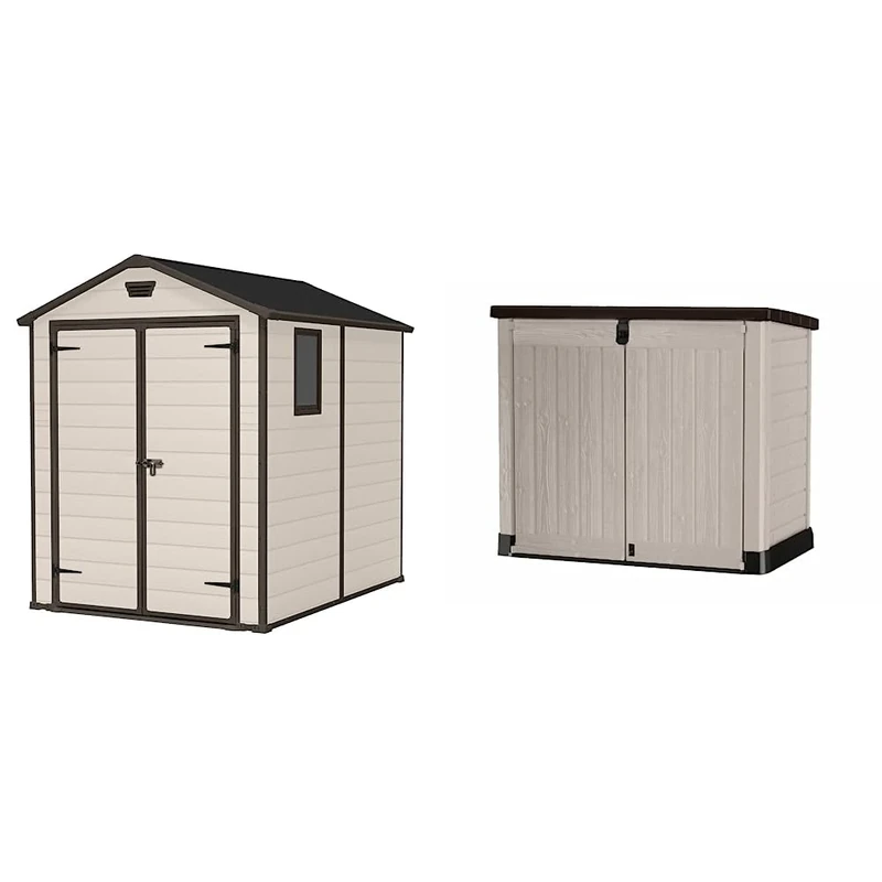 Keter 230256 Manor Outdoor Garden Storage Shed, Beige, 6 x 8 ft & 250001 Store It Out Pro Outdoor Storage Shed, 145.5 x 82 x 123cm Beige/Brown