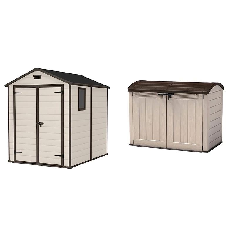 Keter 230256 Manor Outdoor Garden Storage Shed, Beige, 6 x 8 ft & Store It Out Ultra Outdoor Garden Storage Shed, 177 x 113 x 134 cm - Beige and Brown