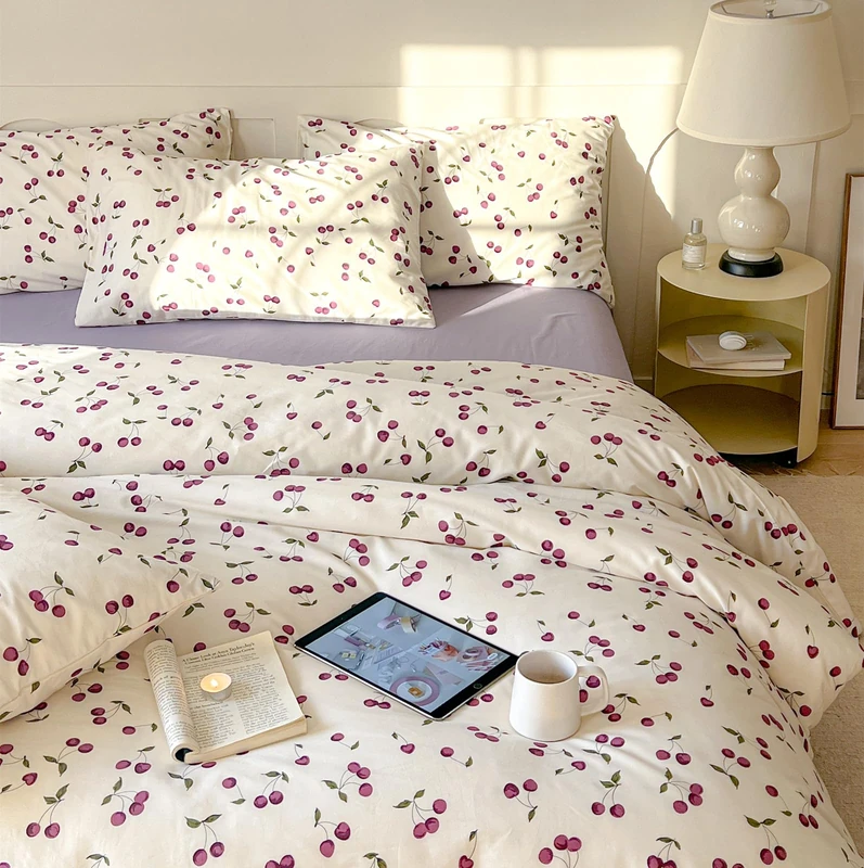 VM VOUGEMARKET Girls Cherry Prints Bedding Set Queen Purple White Duvet Cover with 2 Pillowcases 100% Cotton Teen Girls Fruit Comforter Cover Set