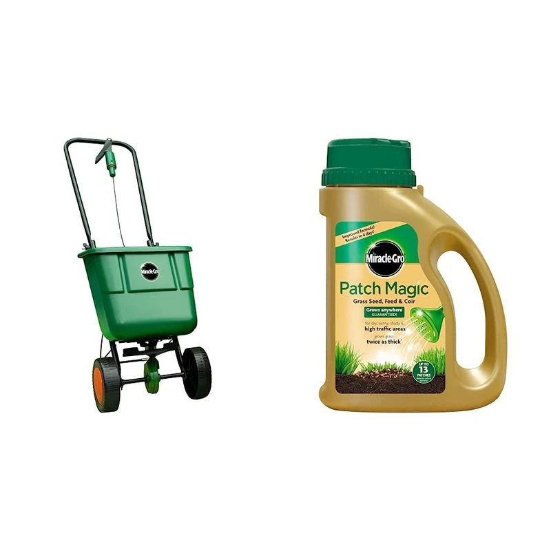 Miracle-Gro Rotary Lawn Seed Spreader & Patch Magic Grass Seed, Feed and Coir, 1015 g