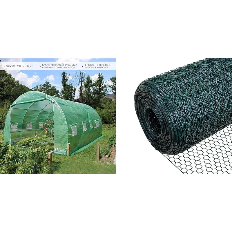 VOUNOT Polytunnel Greenhouse 4x3x2m 12m² Poly Tunnels Gardening Walk In Pollytunnel Tent with Steel Frame & Chicken Wire Mesh Roll, PVC Coated Hexagonal Wire Mesh Fencing, Wire Poultry Netting